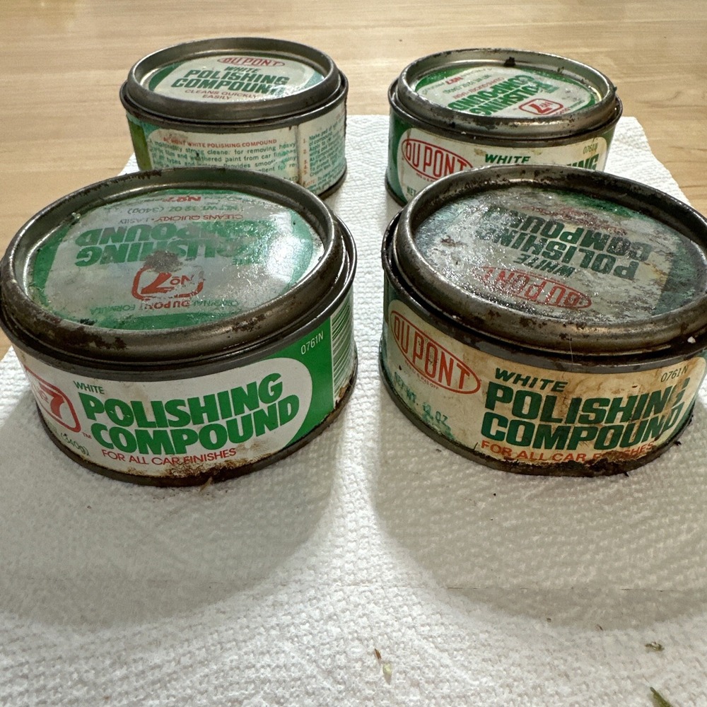 Vintage DuPont No 7 White Polishing Compound Cans 12oz Gas Oil Advertising 4pc